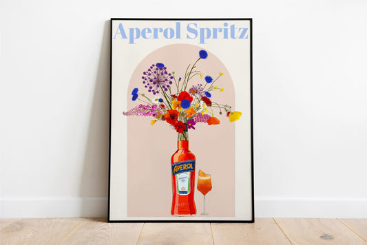 Aperol Spritz and wild flowers Retro cocktail Poster, Unframed