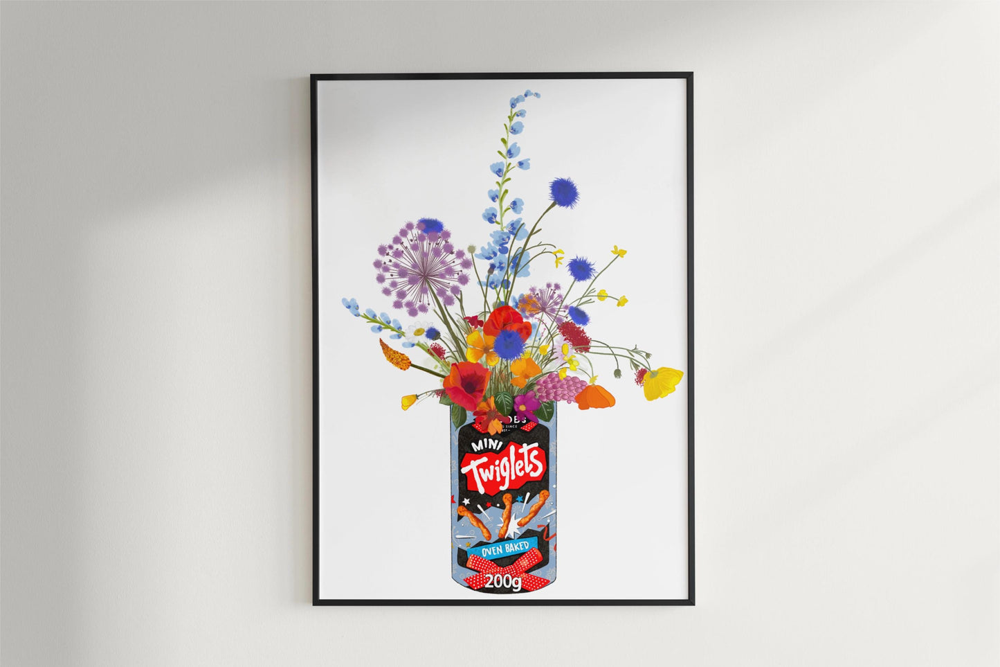 Tub of Twiglets with Colourful Wildflowers on a white background Unframed kitchen poster