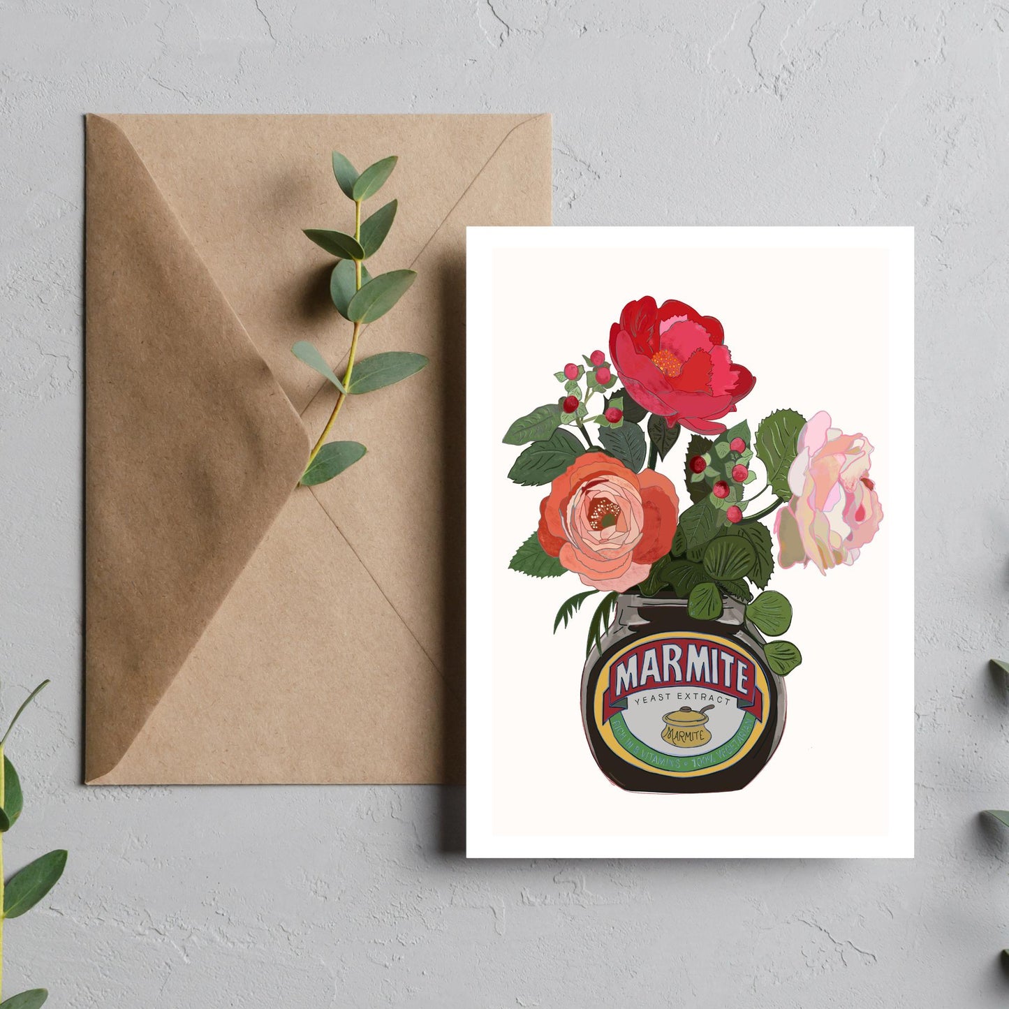 Marmite Jar with pink Roses A6 Matte Card