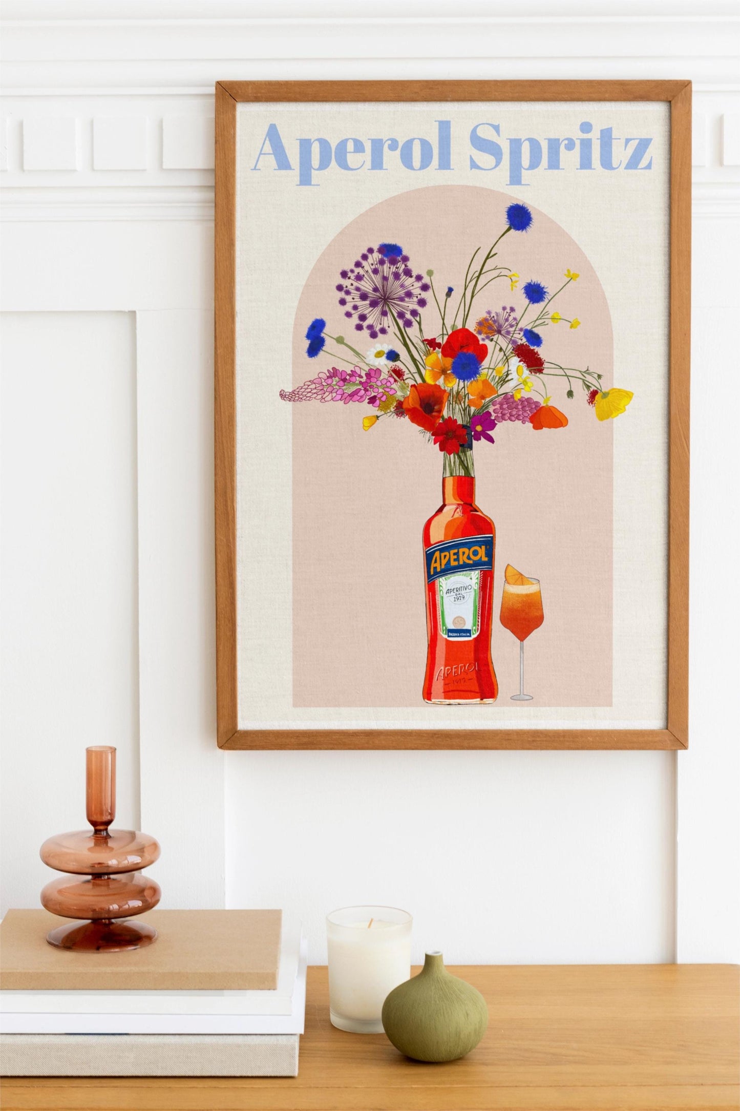Aperol Spritz and wild flowers Retro cocktail Poster, Unframed