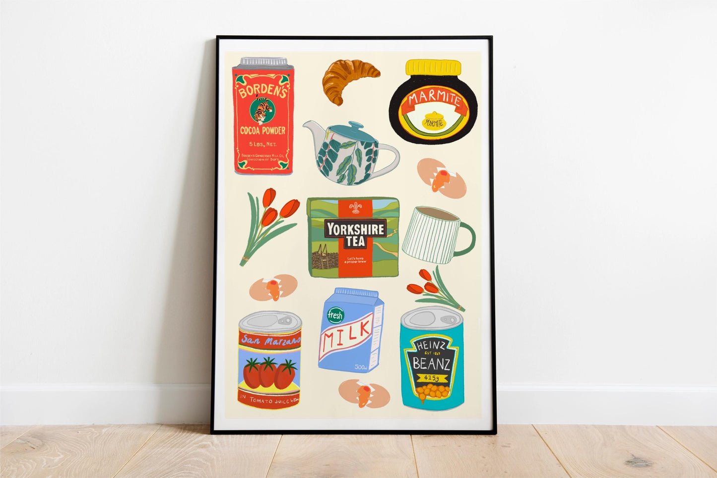 Breakfast Kitchen Poster/Art Print with Yorkshire tea, Marmite, Heinz Beans & Tulips