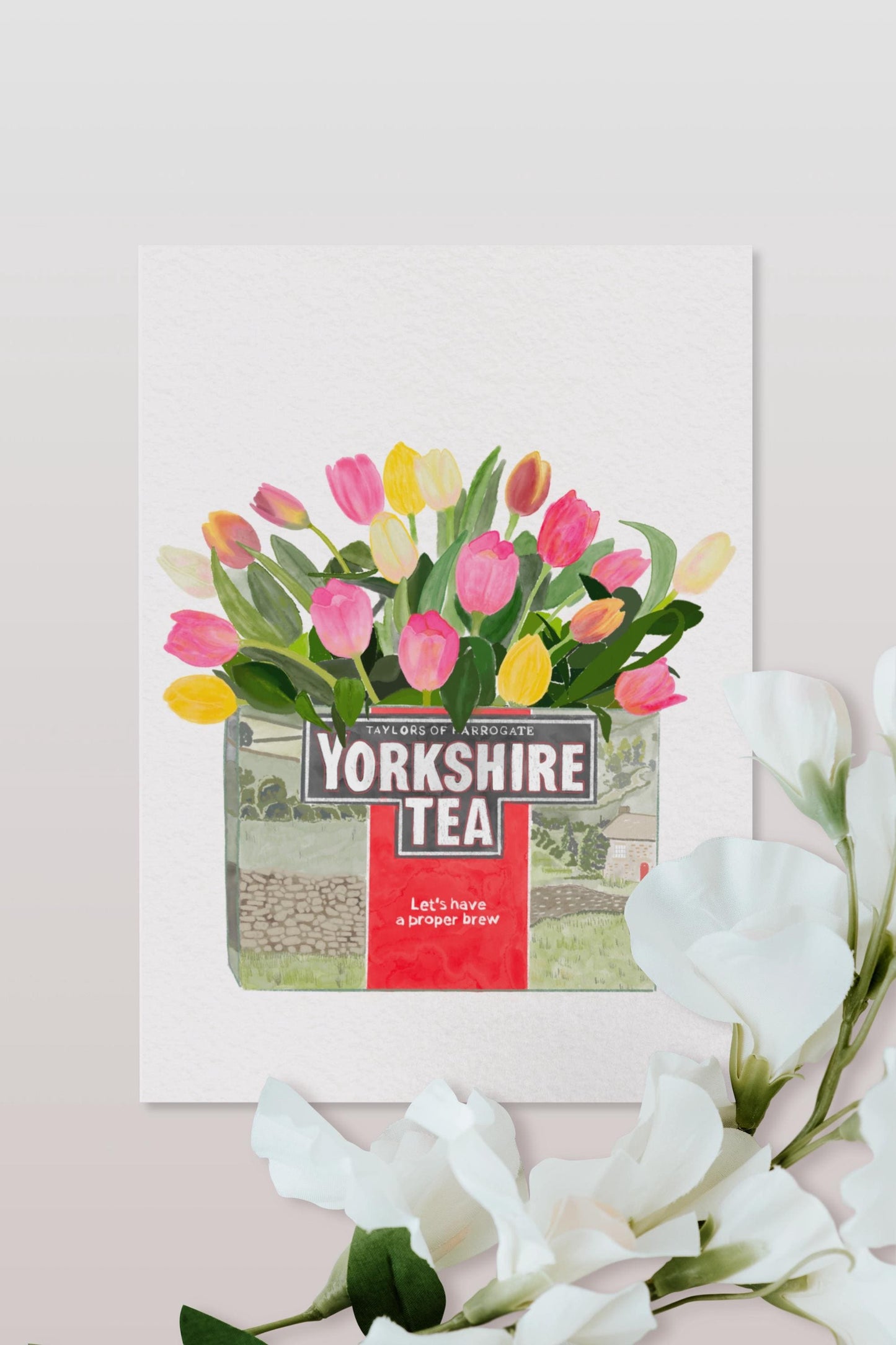 Yorkshire Tea and Tulips A6 Greetings Card