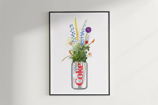 diet coke with wild flowers Art Print. Framed on a white wall