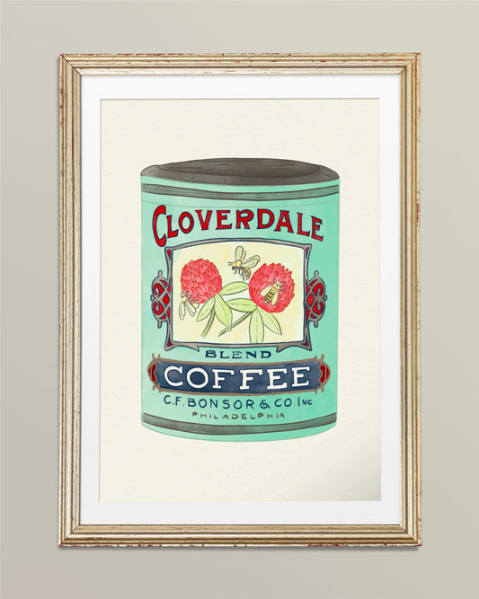 Vintage Coffee Tin Kitchen Poster/Art Print with clover and bee