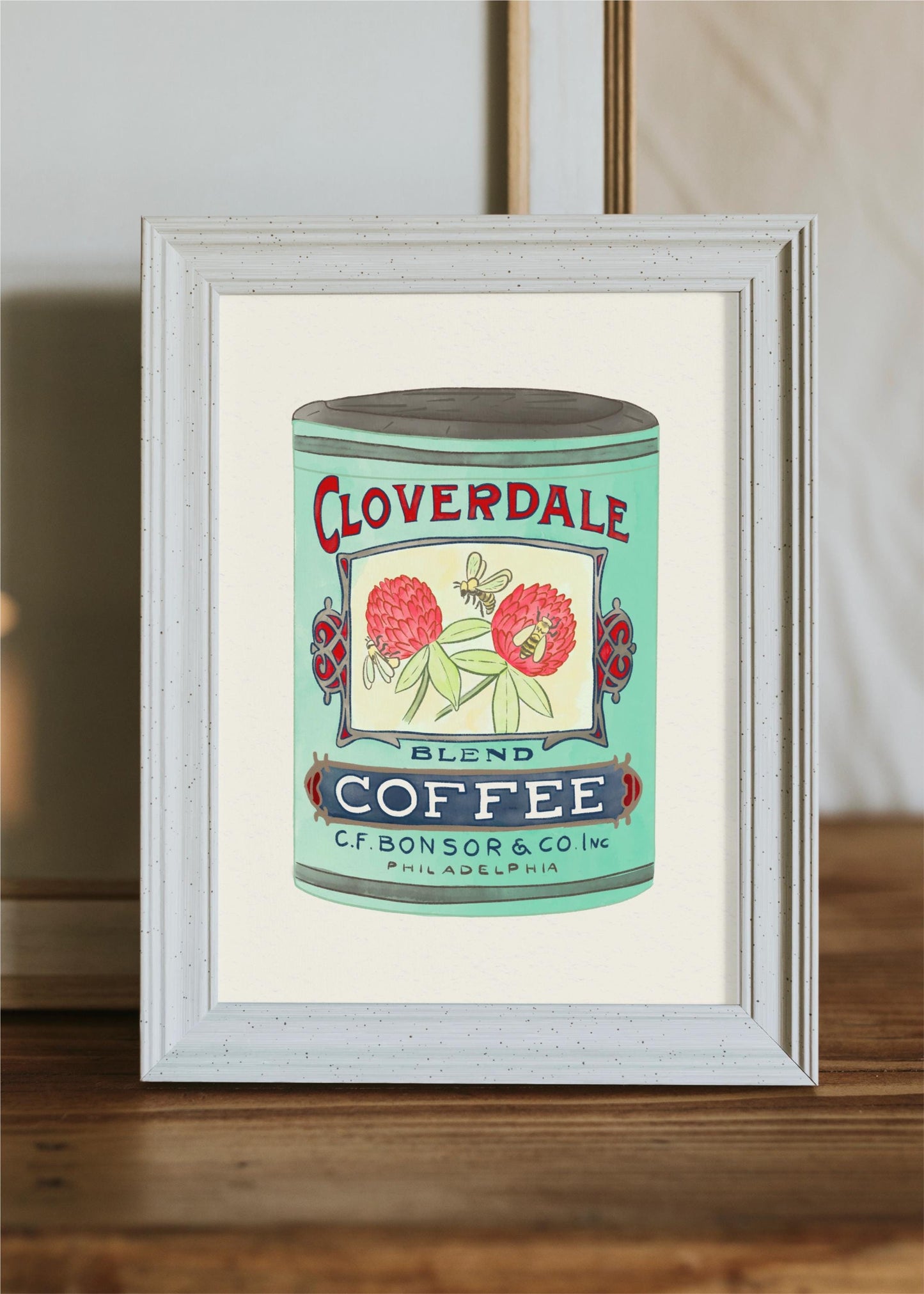 Vintage Coffee Tin Kitchen Poster/Art Print with clover and bee