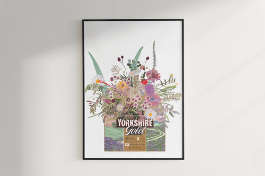 Illustrated Yorkshire gold tea box with pastel coloured wild flowers on a white back ground. art print
