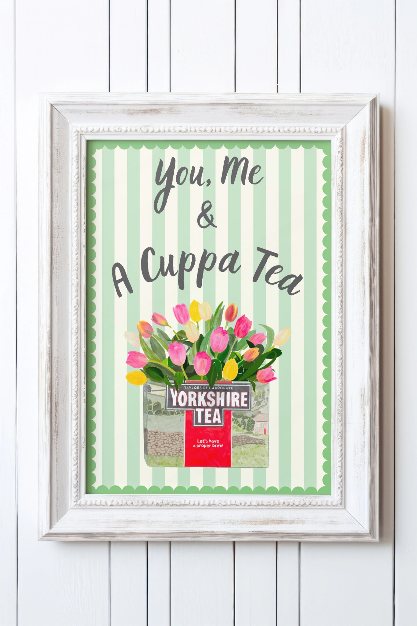 You, Me & a Cuppa Tea, Yorkshire Tea with tulips Vintage style Art Print