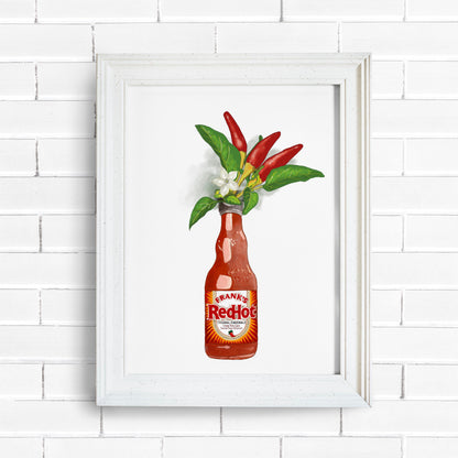 Franks Hot Sauce with Chilli plant and flowers Poster/Print