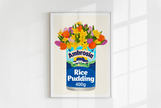 Rice Pudding Tin with Tulips and Daffodils Kitchen Art Print/Poster - Unframed A5 A4 A3