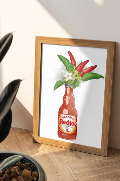 Franks Hot Sauce with Chilli plant and flowers Poster/Print