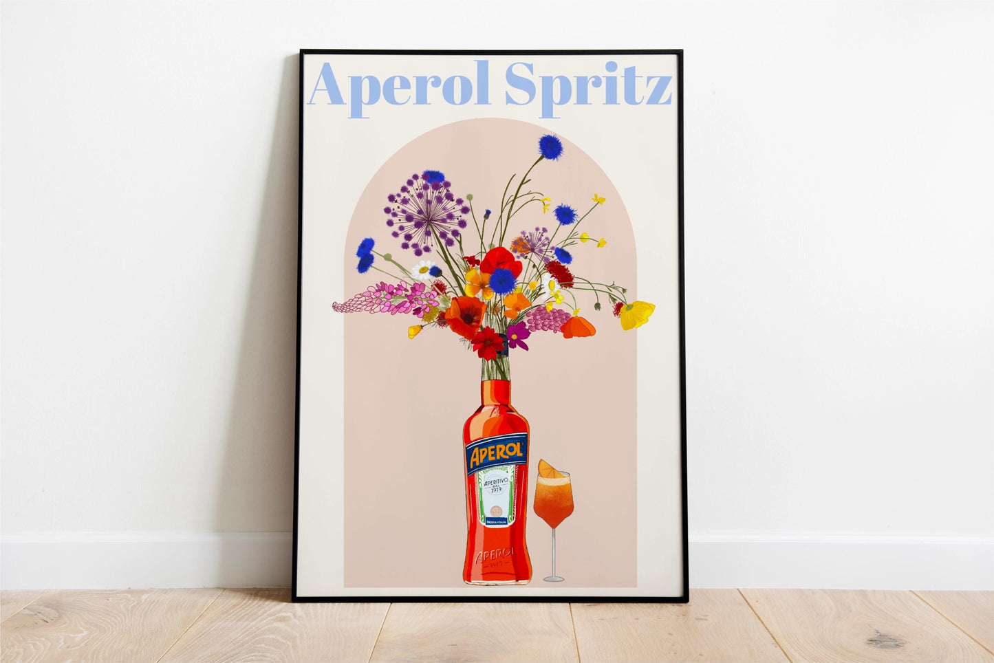 Aperol Spritz and wild flowers Retro cocktail Poster, Unframed