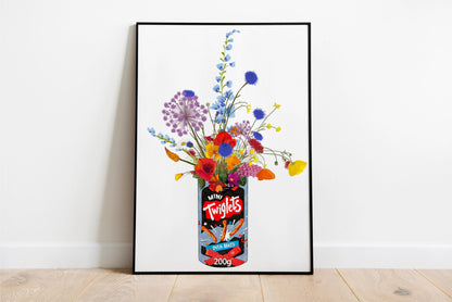 Tub of Twiglets with Colourful Wildflowers on a white background Unframed kitchen poster