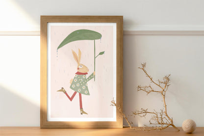 Vintage style Hare With Leaf Umbrella Children's Art Print/Poster