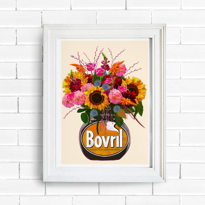 Colourful bovril With Sunflowers Dahlias & Roses Art Print/Poster
