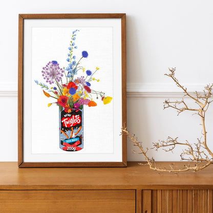 Tub of Twiglets with Colourful Wildflowers on a white background Unframed kitchen poster