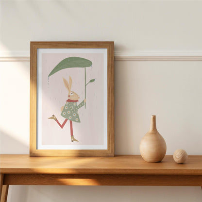 Vintage style Hare With Leaf Umbrella Children's Art Print/Poster