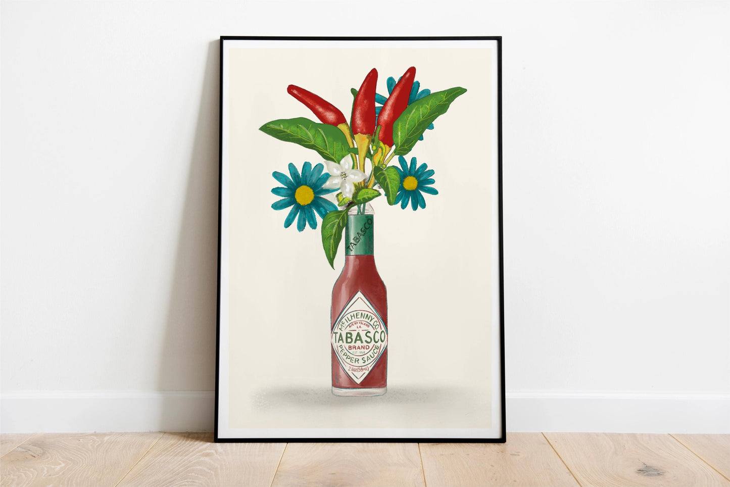 Tabasco Hot sauce with flowers and chillis kitchen Unframed Art Print