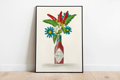 Tabasco Hot sauce with flowers and chillis kitchen Unframed Art Print