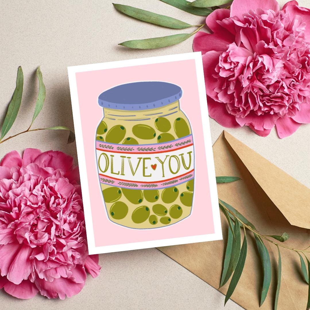 "Olive You" Cute Colourful A6 Greetings Card