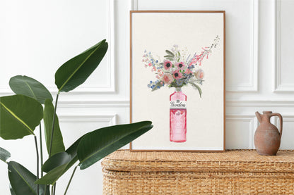Pink Gin Bottle and Cottage Garden Flowers, Unframed Kitchen Art Print/Poster