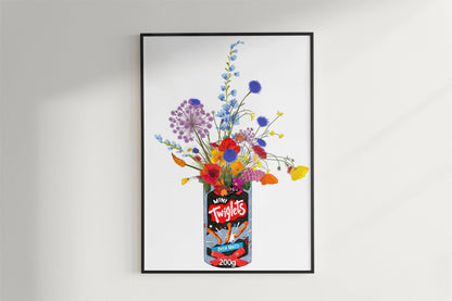 Tub of Twiglets with Colourful Wildflowers on a white background Unframed kitchen poster