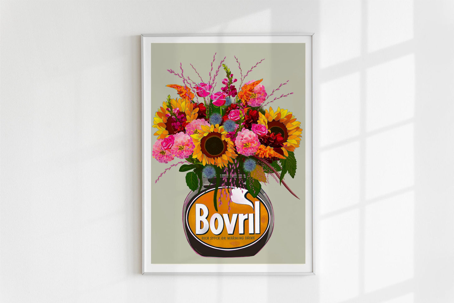 Colourful bovril With Sunflowers Dahlias & Roses Art Print/Poster