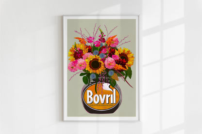 Colourful bovril With Sunflowers Dahlias & Roses Art Print/Poster