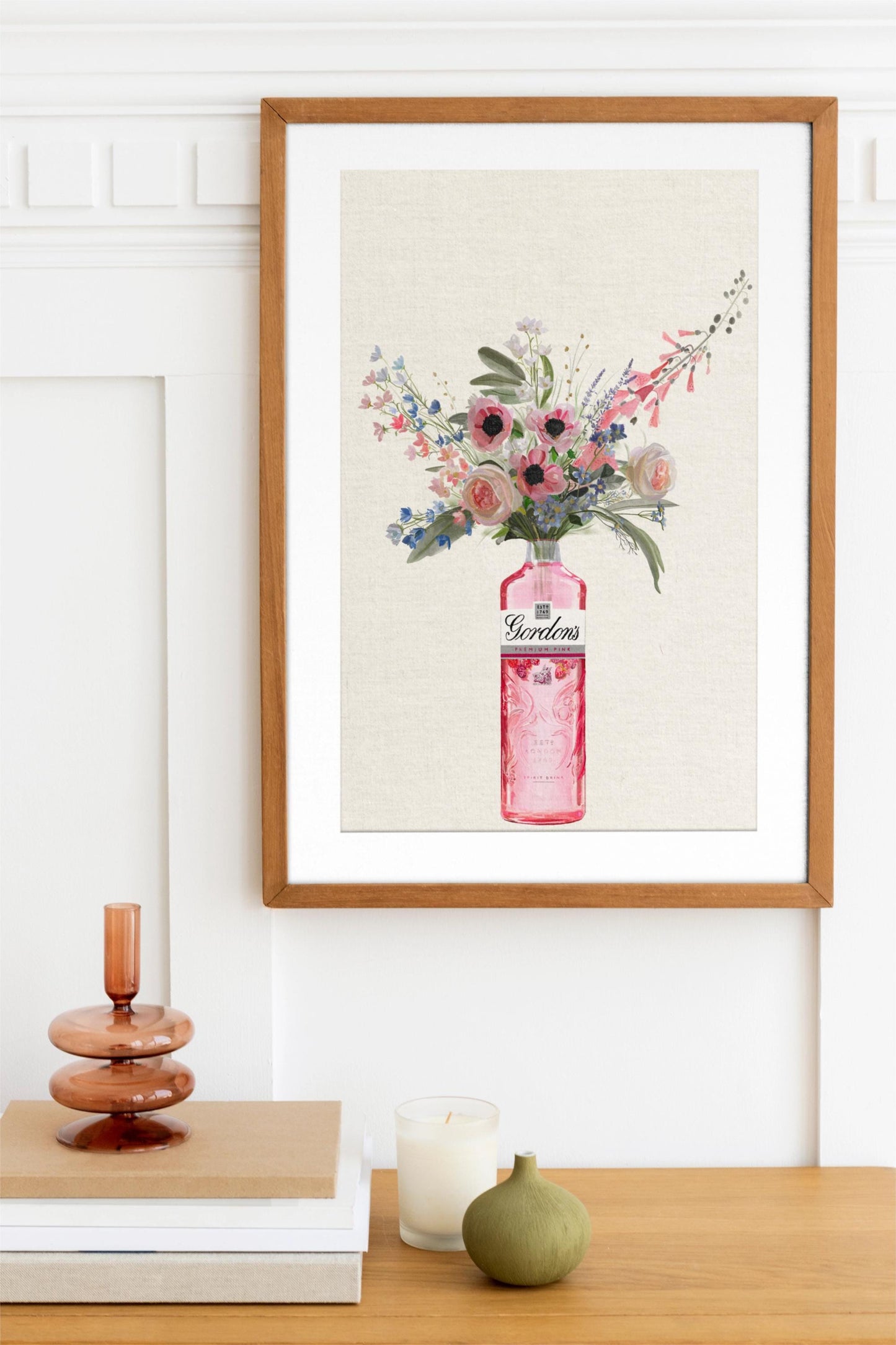 Pink Gin Bottle and Cottage Garden Flowers, Unframed Kitchen Art Print/Poster