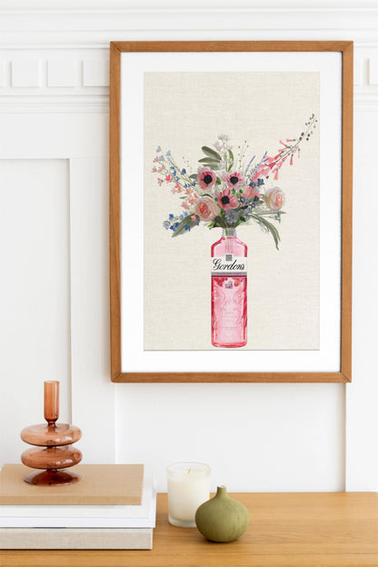 Pink Gin Bottle and Cottage Garden Flowers, Unframed Kitchen Art Print/Poster