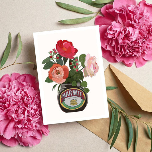 Marmite Jar with pink Roses A6 Matte Card