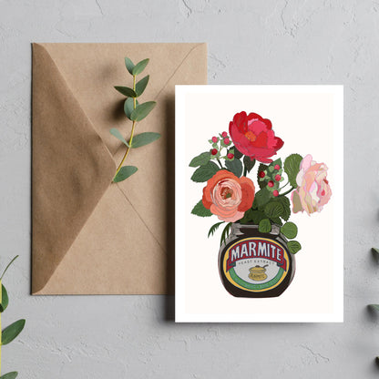 Marmite Jar with pink Roses A6 Matte Card