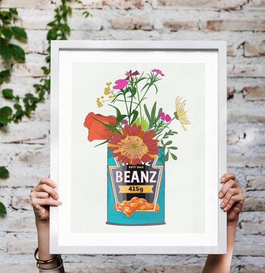 Baked Beans and Cottage Garden Flowers Art Print