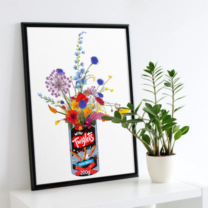 Tub of Twiglets with Colourful Wildflowers on a white background Unframed kitchen poster