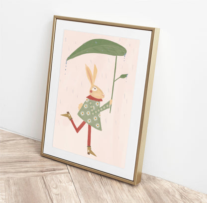 Vintage style Hare With Leaf Umbrella Children's Art Print/Poster