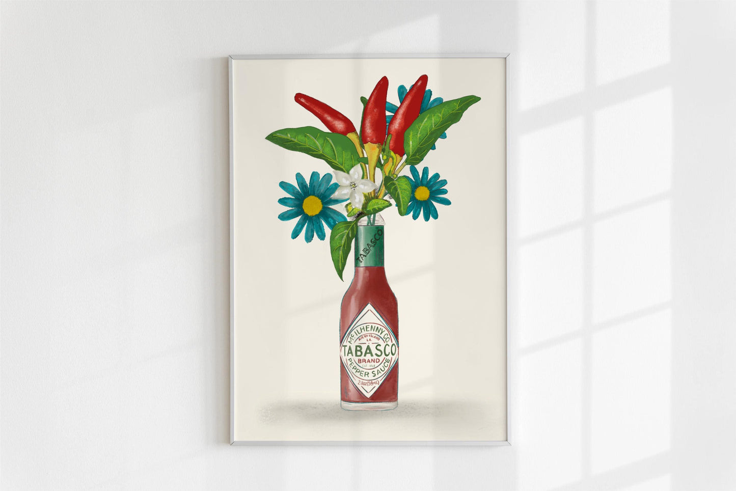 Tabasco Hot sauce with flowers and chillis kitchen Unframed Art Print