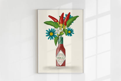 Tabasco Hot sauce with flowers and chillis kitchen Unframed Art Print