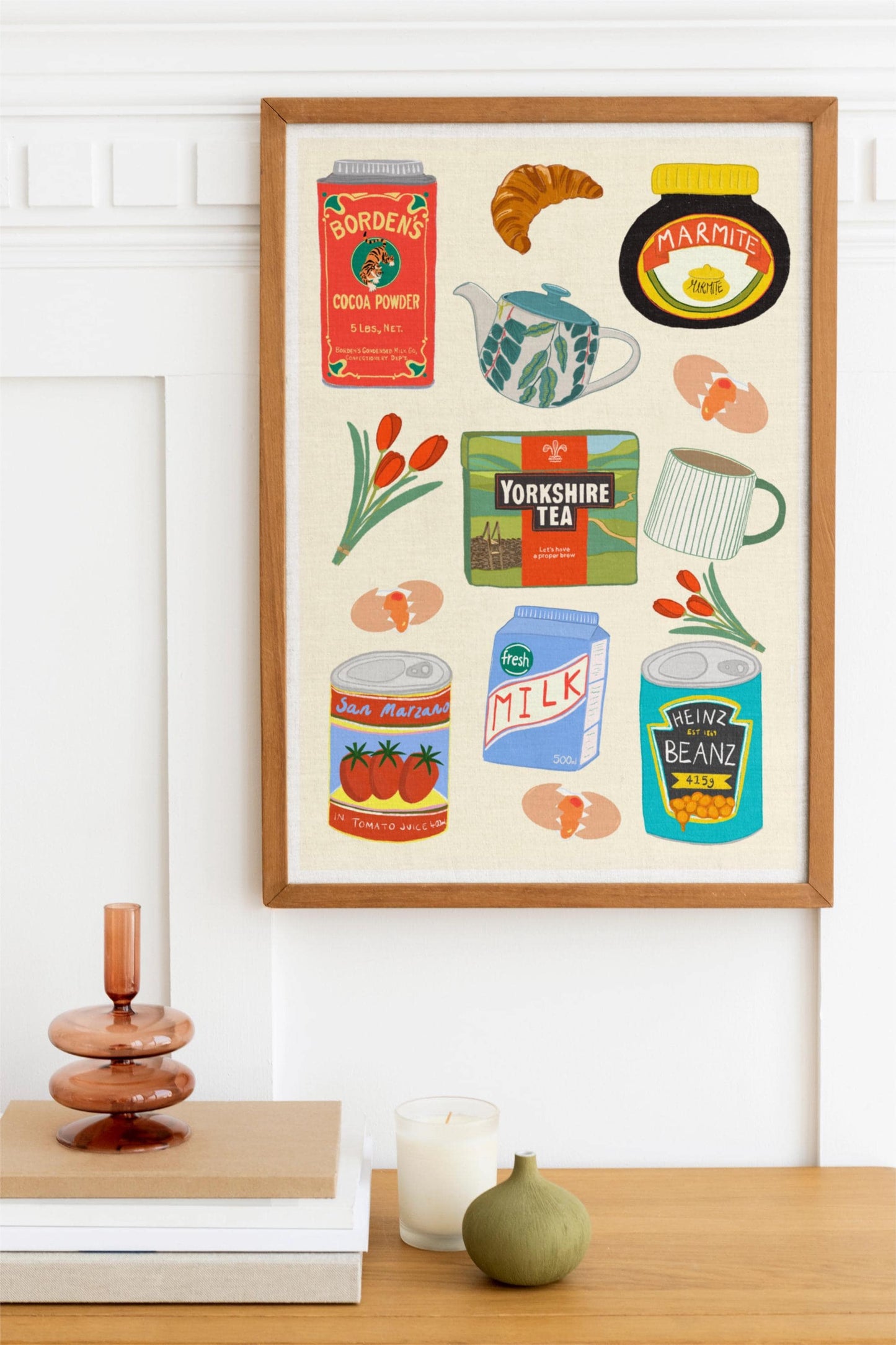 Breakfast Kitchen Poster/Art Print with Yorkshire tea, Marmite, Heinz Beans & Tulips