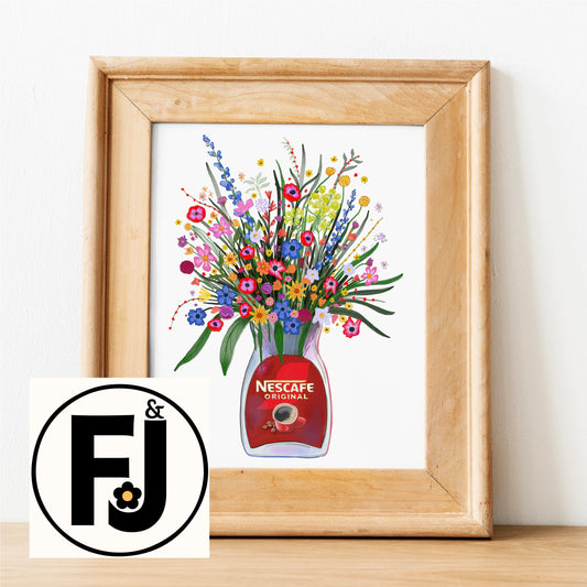 Hand drawn Coffee jar and colourful wild flowers unframed art print