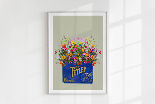Vintage Tetley Tea Tin and wildflowers colourful kitchen art print