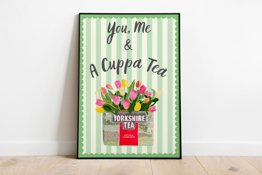 "You, Me & a Cuppa Tea" Yorkshire Tea and Tulips Striped Art Print with green scalloped Border