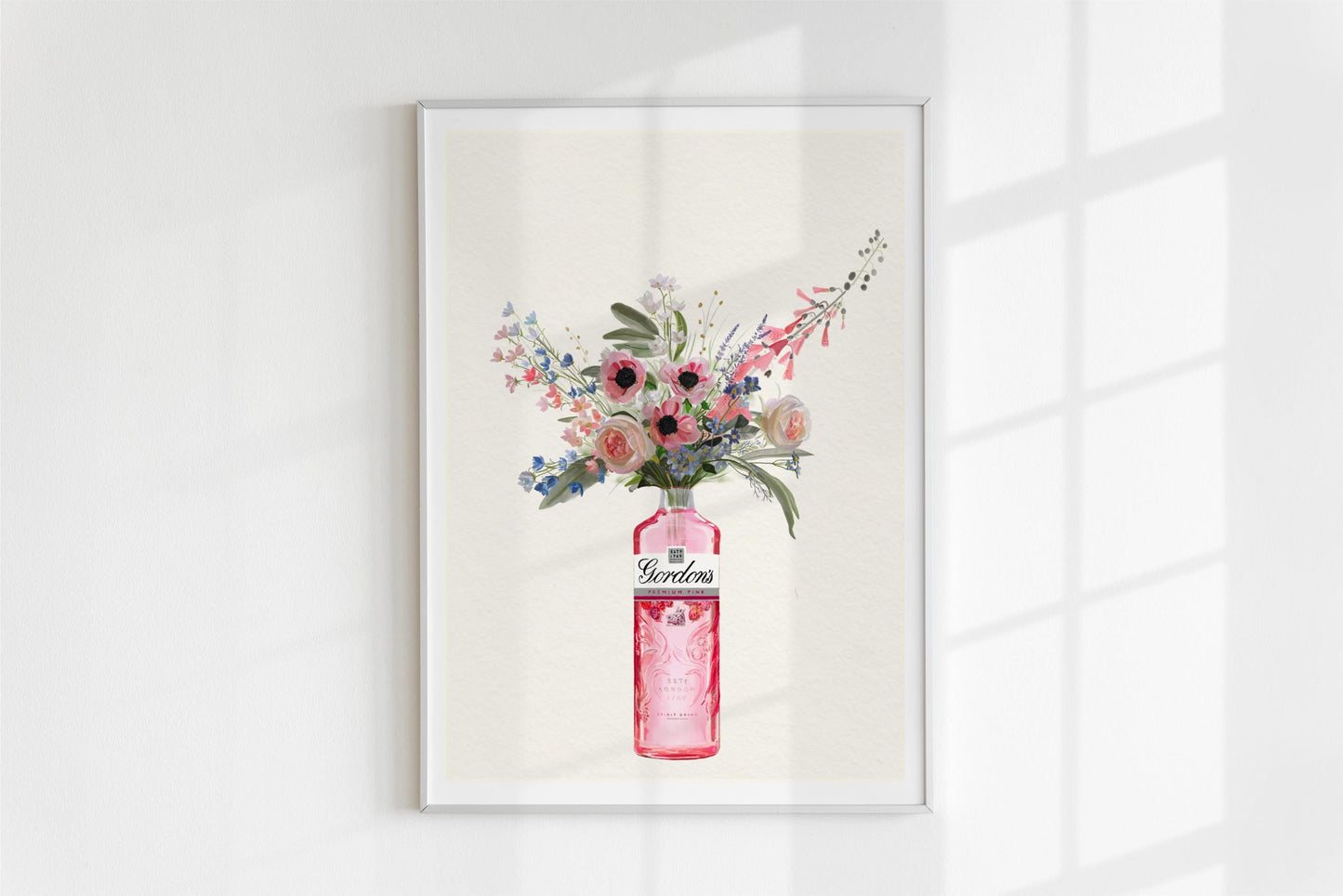 Pink Gin Bottle and Cottage Garden Flowers, Unframed Kitchen Art Print/Poster