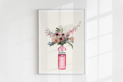 Pink Gin Bottle and Cottage Garden Flowers, Unframed Kitchen Art Print/Poster