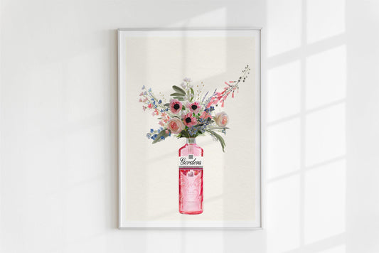 Pink Gin Bottle and Cottage Garden Flowers, Unframed Kitchen Art Print/Poster