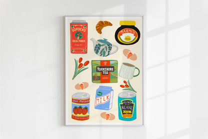 Breakfast Kitchen Poster/Art Print with Yorkshire tea, Marmite, Heinz Beans & Tulips