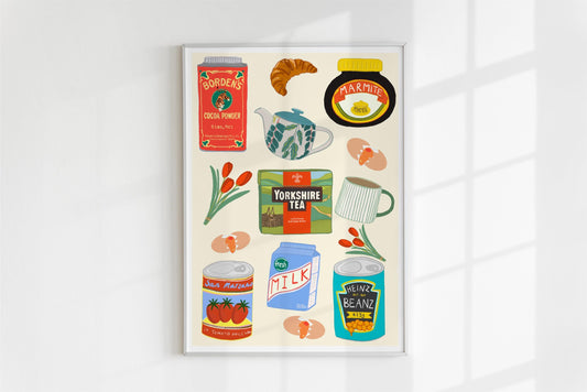 Breakfast Kitchen Poster/Art Print with Yorkshire tea, Marmite, Heinz Beans & Tulips