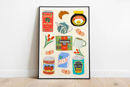Breakfast Kitchen Poster/Art Print with Yorkshire tea, Marmite, Heinz Beans & Tulips
