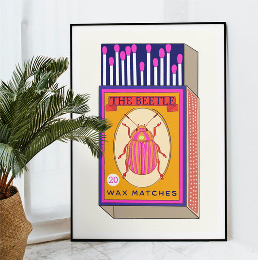 Retro Colourful Beetle Match Box Poster/Art Print