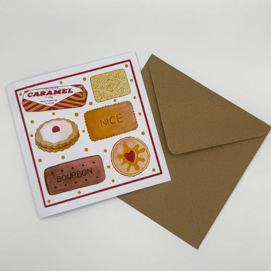 British Biscuit Icons Square hand drawn card with jammie Dodgers and custard creams
