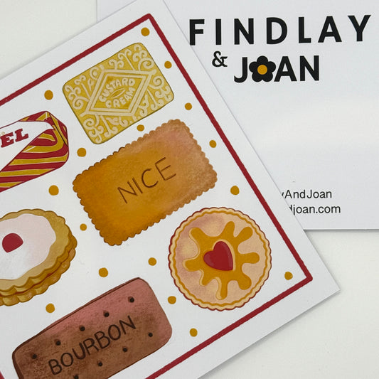 British Biscuit Icons Square hand drawn card with jammie Dodgers and custard creams