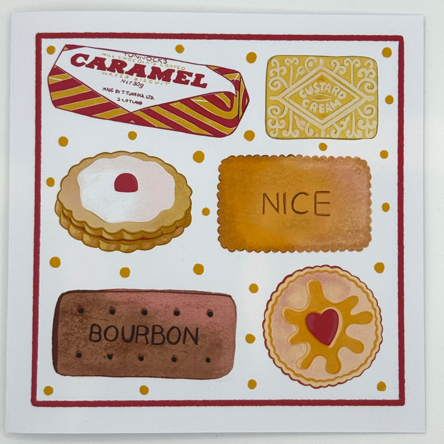 British Biscuit Icons Square hand drawn card with jammie Dodgers and custard creams